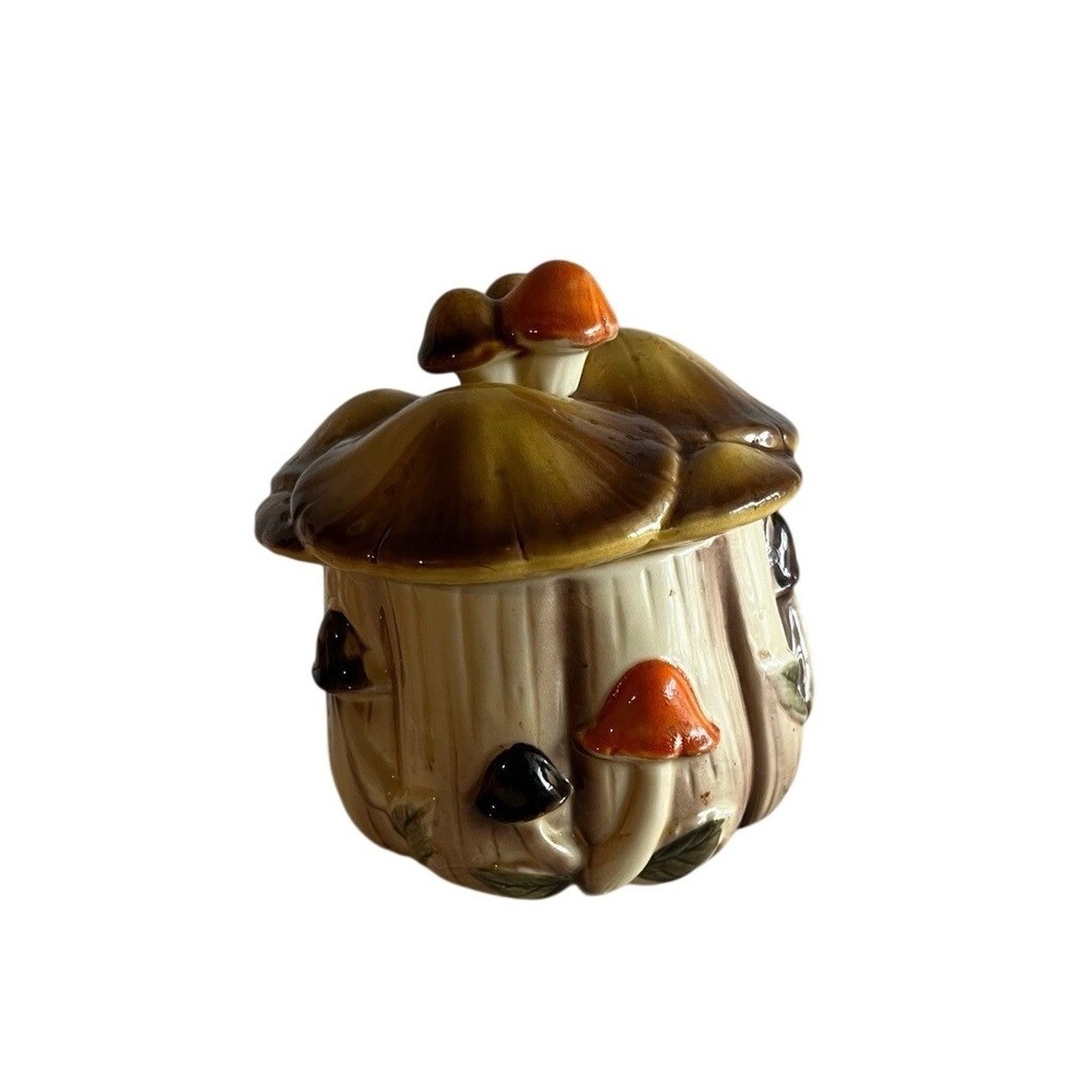 Vintage Homco Mushroom Ceramic Canister Jar Lid 1410 Brown Orange Japan Retro
